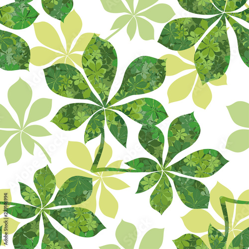 Seamless Background, Chestnut Green Leaves with Pattern of Leaves and Silhouettes. Vector