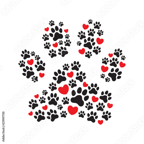 Paw print filled with paw prints and hearts.