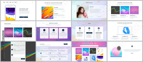 Vector templates for website design, minimal presentations, portfolio with geometric colorful patterns, gradients, fluid shapes. UI, UX, GUI. Design of headers, dashboard, features page, blog etc.
