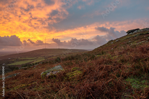 Sunrise over Bodmin Moor, with beautiful colours clouds in the sky , Cornwall, UK