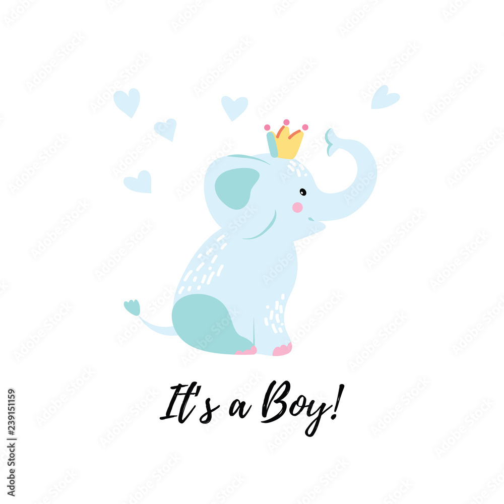 Vector Illustration. Cartoon style icon of funny baby elephant. Baby shower greeting card with simple childish character. Vector Illustration. Cartoon style icon of funny baby elephant. Baby shower greeting card with simple childish character.