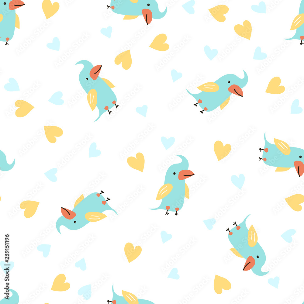 Vector Illustration. Seamless pattern with cartoon style icon of funny parrot toy. Background with cute character for baby shower card. Vector Illustration. Seamless pattern with cartoon style icon of funny parrot toy. Background with cute character for baby shower card.