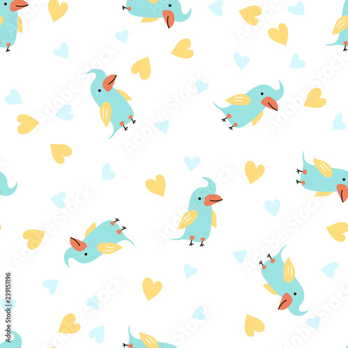 Vector Illustration. Seamless pattern with cartoon style icon of funny parrot toy. Background with cute character for baby shower card.