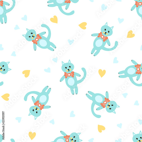 Vector Illustration. Seamless pattern with cartoon style icon of funny kitty. Background with cute character for baby shower card.