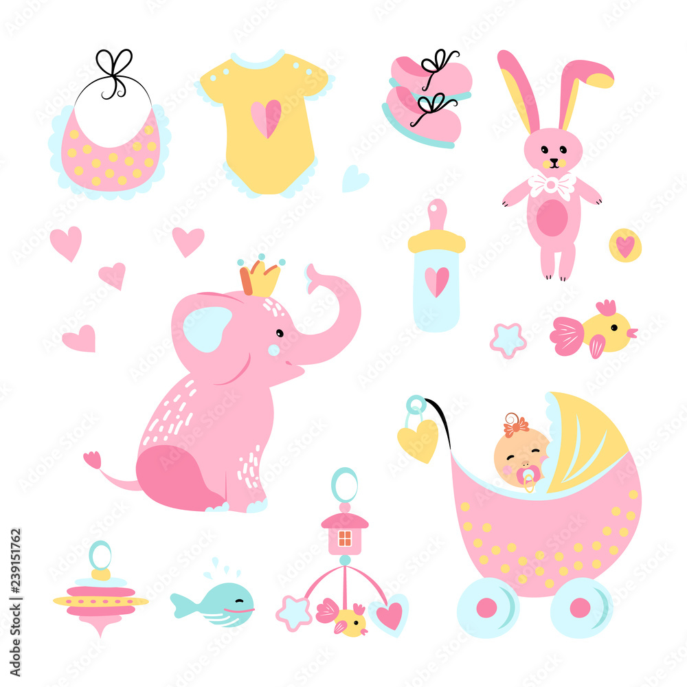 Vector illustration. Icons of cute elephant, bib, onesie, bunny, fish, whale toy,rattle, bottle of milk, girl in stroller for baby shower. Set of simple cartoon elements for birthday card.