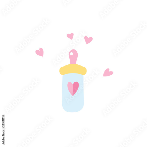 Vector Illustration. Cartoon style icon of baby bottle with milk for happy child. Simple object for baby shower card.