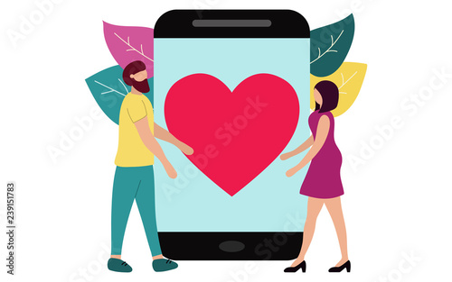 Man and woman finding love on dating site. Smartphones mobile app. Modern flat vector illustration.
