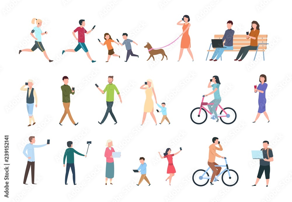 People with smartphones. Many women and men with phones. Persons with gadget taking selfie. Vector characters set