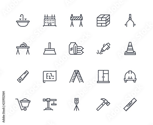 Construction line icons. Building project and home repair, working and engineering equipment. Build and renovation vector design