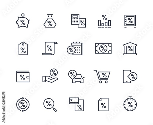 Loan line icons. Money rate payment discount, real estate car and purchases loan. Pay rate and money calculating vector pictograms