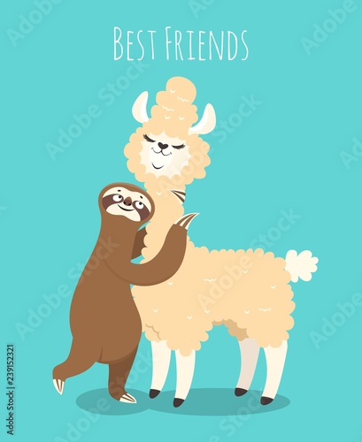 Llama and sloth. Alpaca with sloth lazy bear. Baby t-shirt design, funny vector poster
