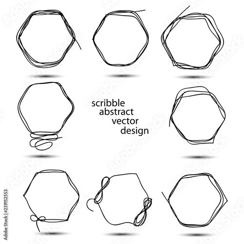 Set of hand drawn scribble hexagons. Collection of abstract polygonal frames in doddles style. Hexagonal design element. Continuous line. Vector. Isolated on white background.