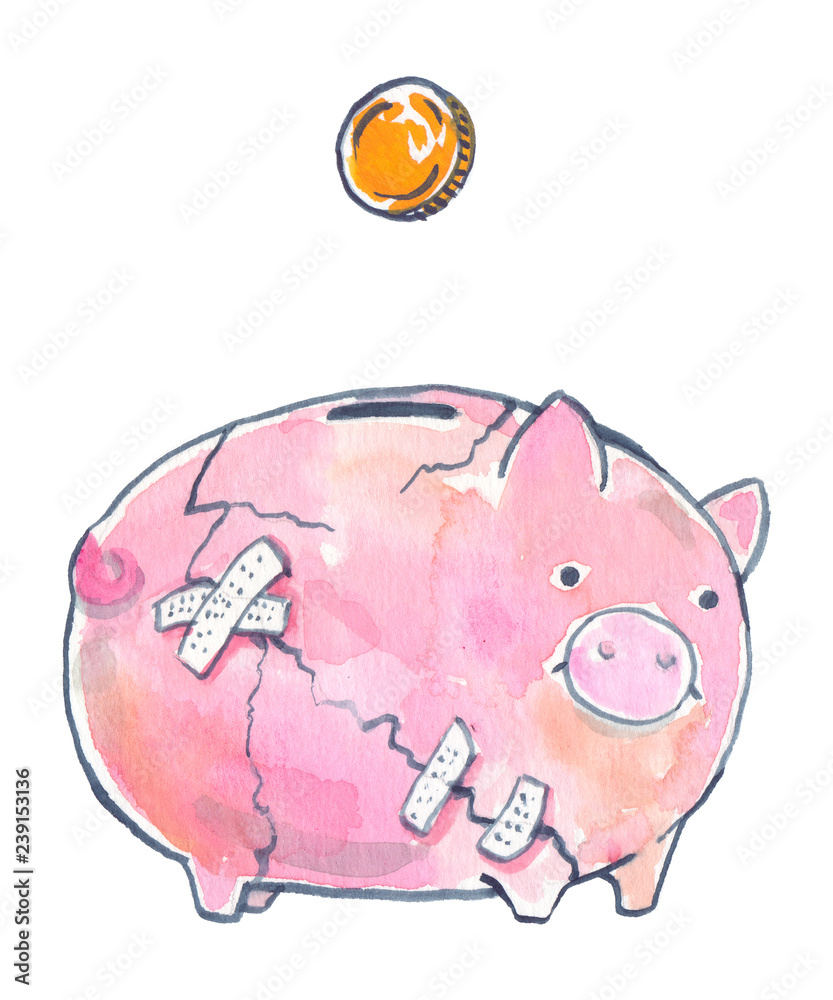 Piggy bank glued back together - second attempt on saving money after  spending it all. Finance illustration painted in watercolor on clean white  background ilustración de Stock | Adobe Stock