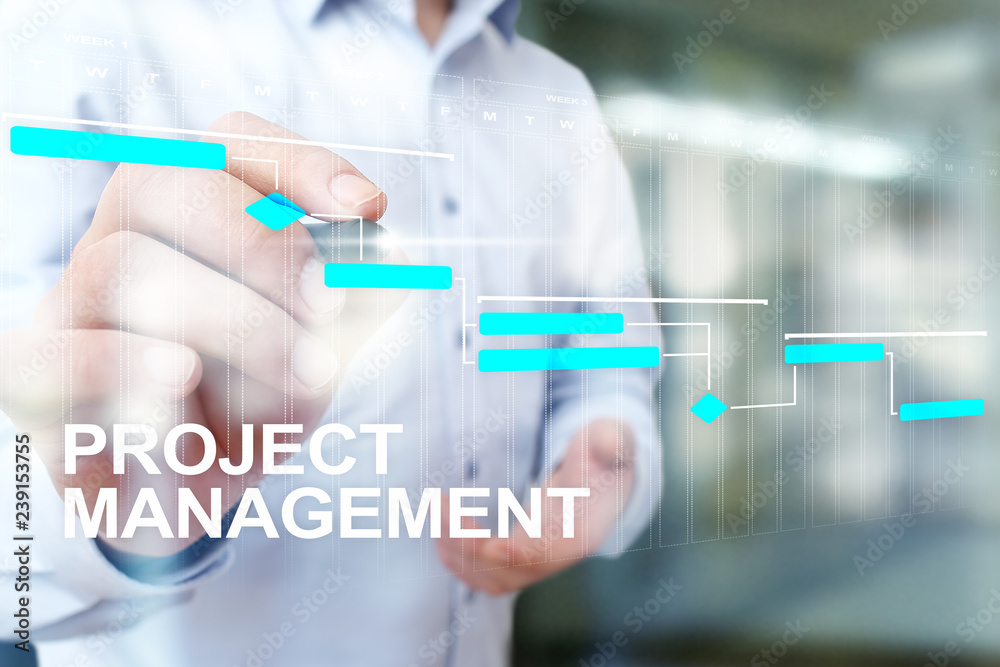 Project management concept, time and human resources, risks and quality and communication with icons on virtual screen. Project management concept, time and human resources, risks and quality and communication with icons on virtual screen.