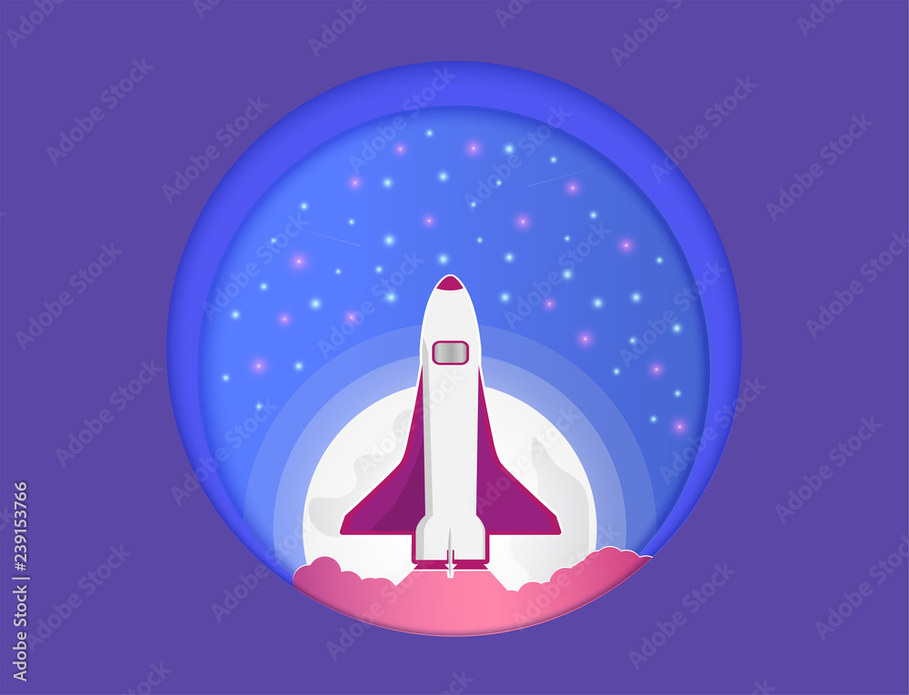 Fototapeta premium Vector Paper Cut and the universe, and there were rockets that soar up. And beautiful colorful trend and the stars and the moon, and can be used as an icon or background