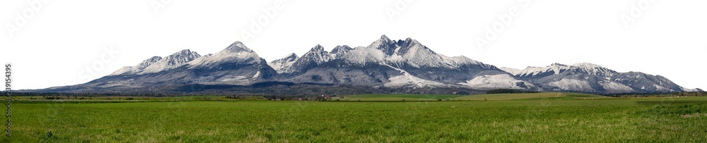 Fototapeta premium Extra wide panorama of High Tatra, mountains during April with snowy hills Vysoke Tatry, separated, without sky