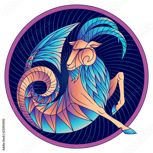 Capricorn zodiac sign, astrological, horoscope symbol. Futuristic style icon. Stylized graphic blue fantastic animal, deity of ancient Greece. Sea goat with fish tail, beard and big horns. Vector art