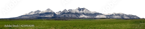 Extra wide panorama of High Tatra  mountains during April with snowy hills Vysoke Tatry  separated  without sky