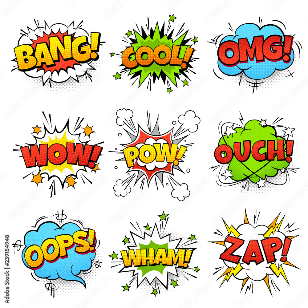 Comic words. Cartoon speech bubble with zap pow wtf boom text. Comics pop  art balloons vector set Stock Vector | Adobe Stock