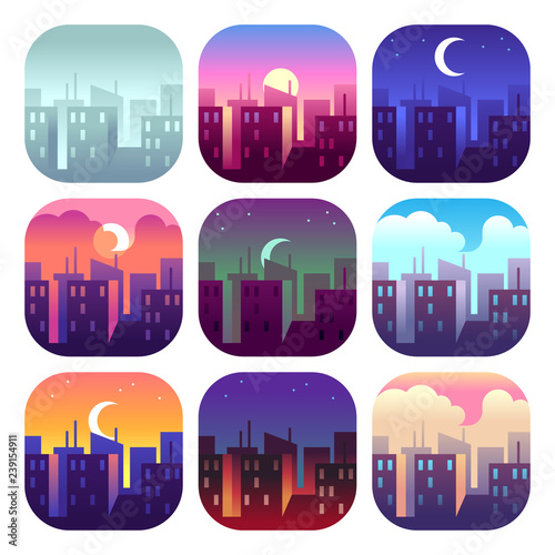 City day times. Early morning sunrise sunset, noon and dusk evening, night cityscape skyscrapers buildings. Urban set