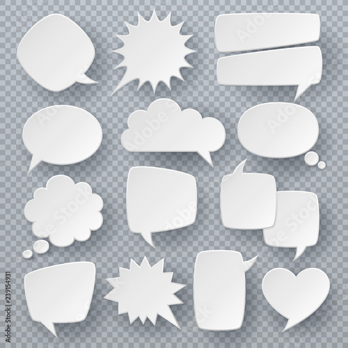 White speech bubbles. Thought text bubble symbols, origami bubbly speech shapes. Retro comic dialog clouds vector set
