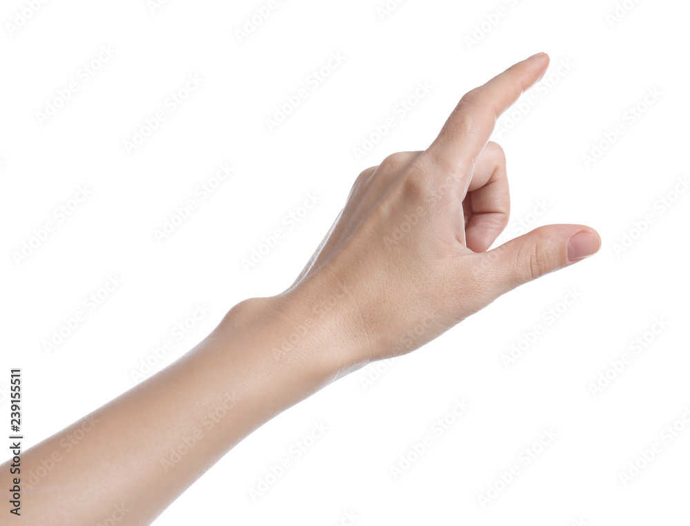 Woman pointing at something on white background, closeup of hand