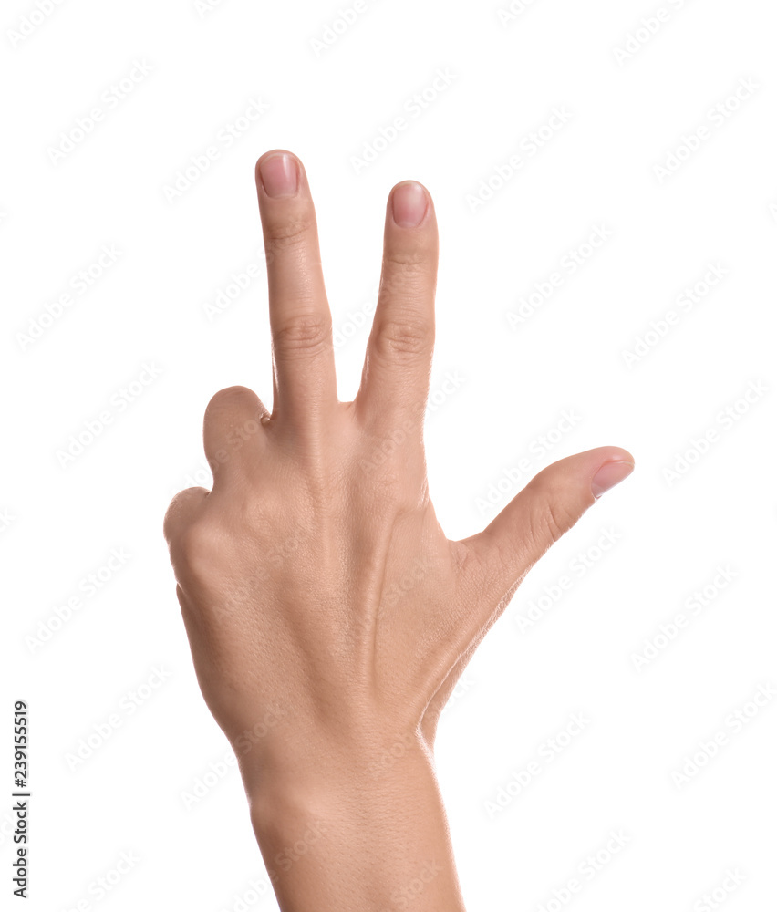 Woman showing hand on white background, closeup Woman showing hand on white background, closeup