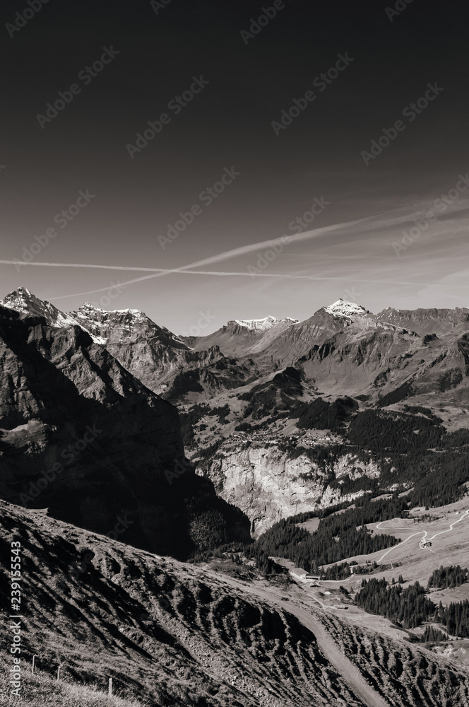 Panoramic view of  Swiss alps mountain rage from Eigergletscher, Jungfrau region - Switzerland