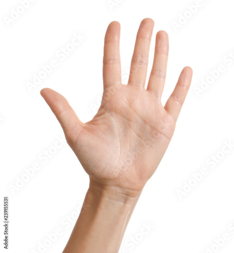Woman showing hand on white background, closeup