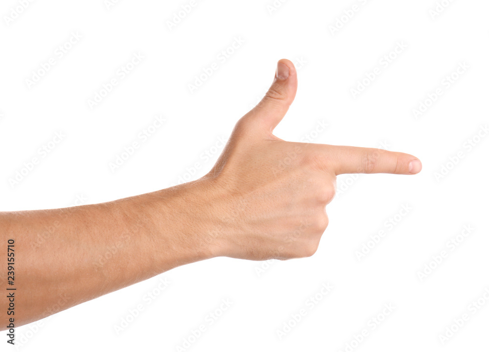 Man pointing at something on white background, closeup of hand Man pointing at something on white background, closeup of hand
