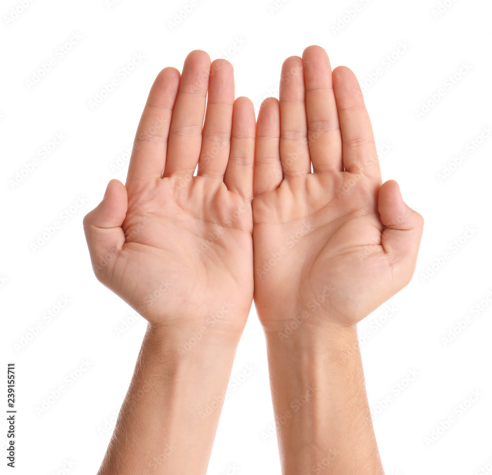 Man showing hands on white background, closeup Man showing hands on white background, closeup