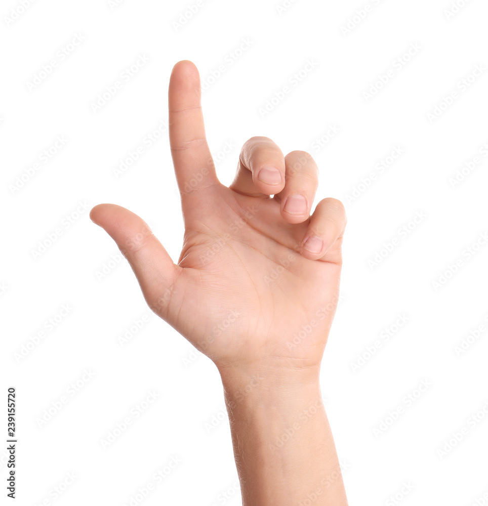 Man pointing at something on white background, closeup of hand Man pointing at something on white background, closeup of hand