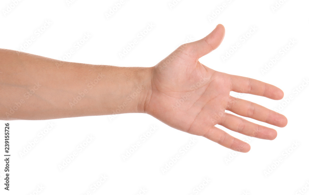 Man reaching hand for shake on white background, closeup