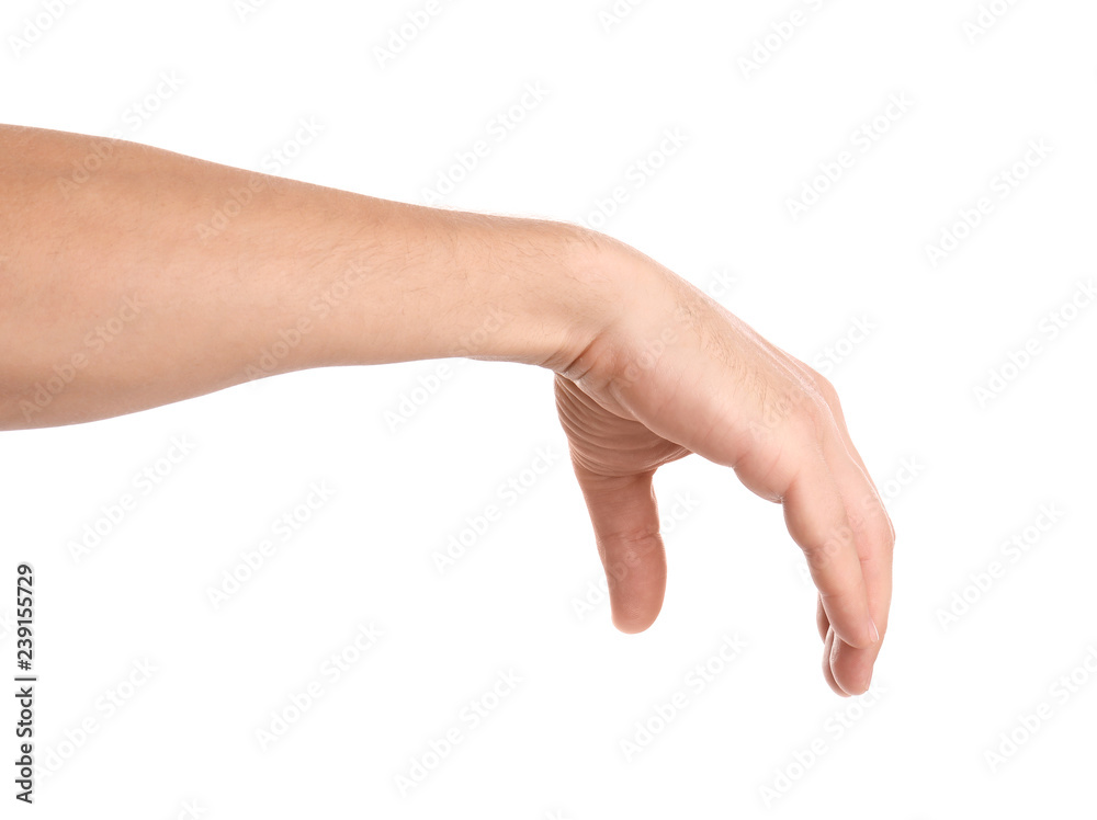 Man holding something in hand on white background, closeup Man holding something in hand on white background, closeup