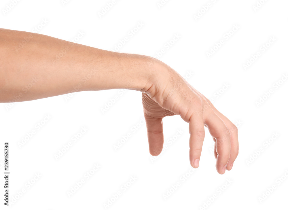 Man holding something in hand on white background, closeup Man holding something in hand on white background, closeup