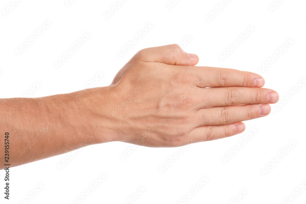Man reaching hand for shake on white background, closeup Man reaching hand for shake on white background, closeup