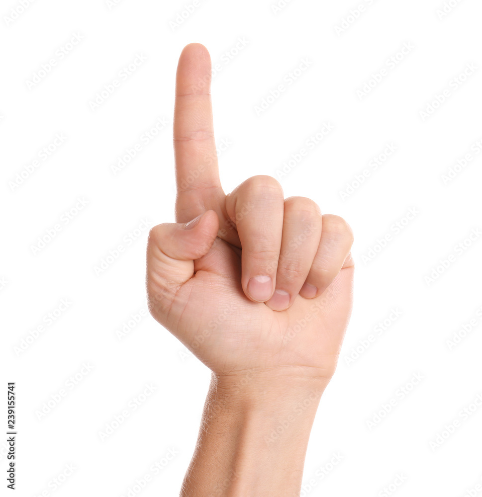 Man pointing at something on white background, closeup of hand Man pointing at something on white background, closeup of hand