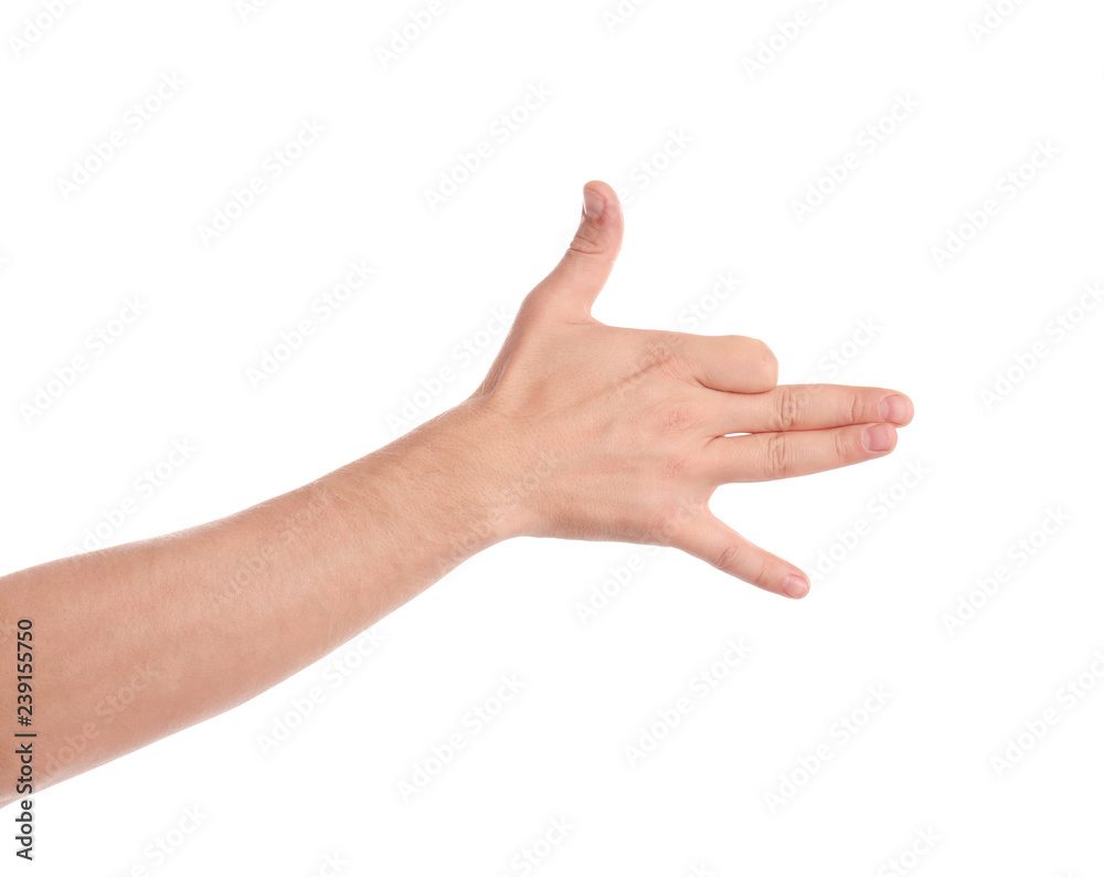 Man showing gesture for shadow play on white background, closeup of hand