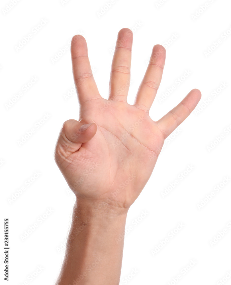 Man showing four fingers on white background, closeup of hand Man showing four fingers on white background, closeup of hand