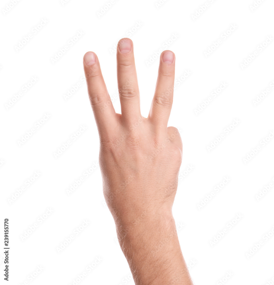 Man showing three fingers on white background, closeup of hand Man showing three fingers on white background, closeup of hand