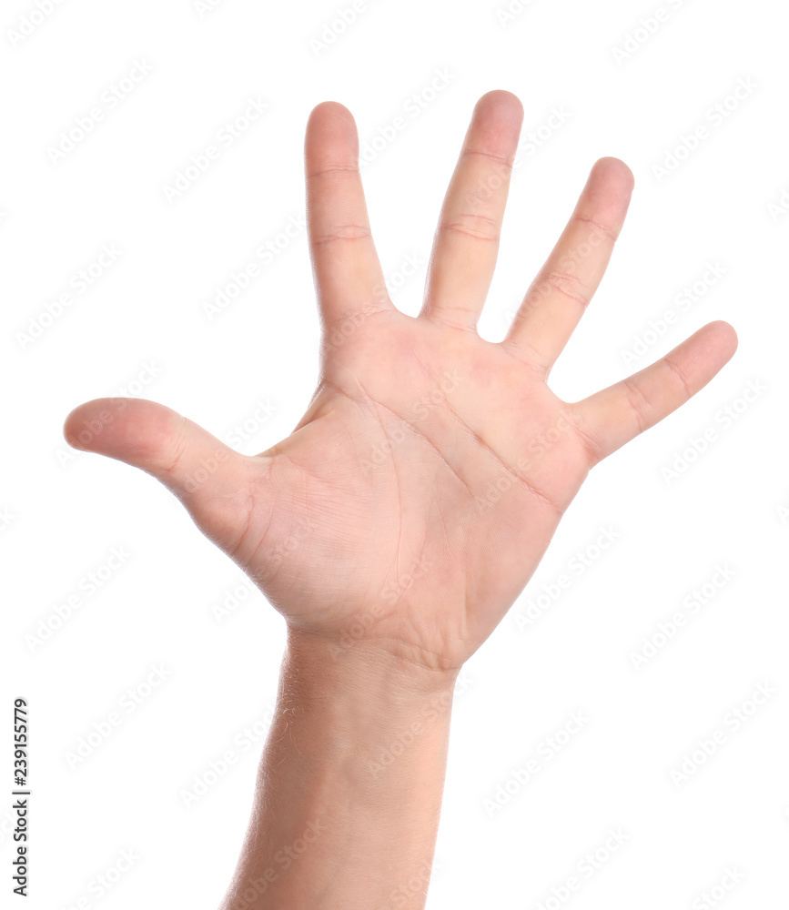 Man showing hand on white background, closeup Man showing hand on white background, closeup