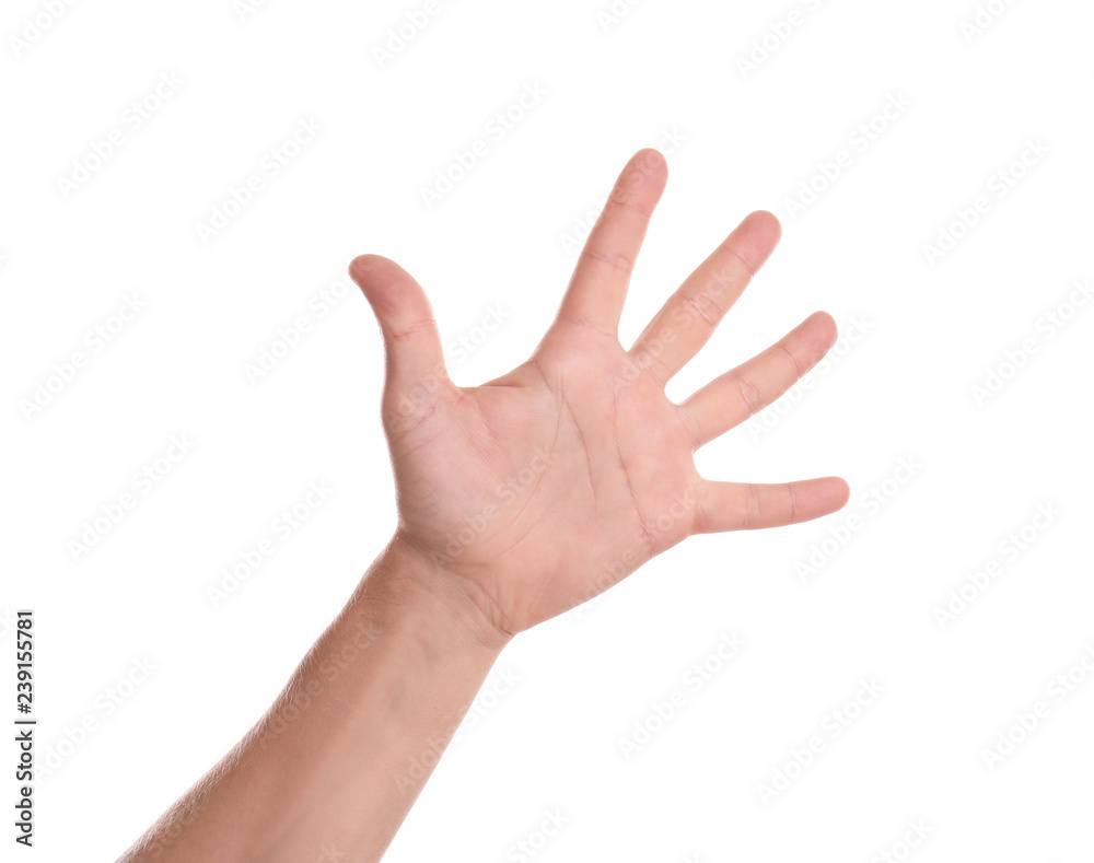 Man showing hand on white background, closeup Man showing hand on white background, closeup
