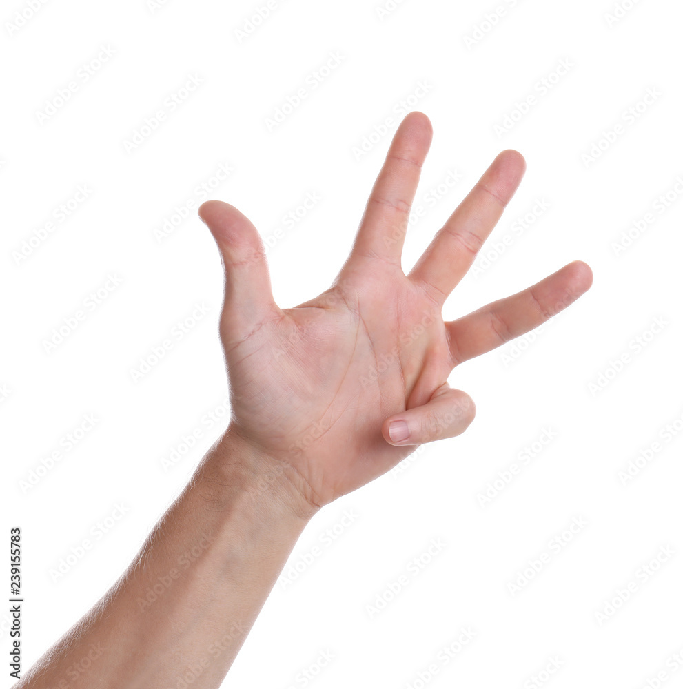 Man showing hand on white background, closeup Man showing hand on white background, closeup