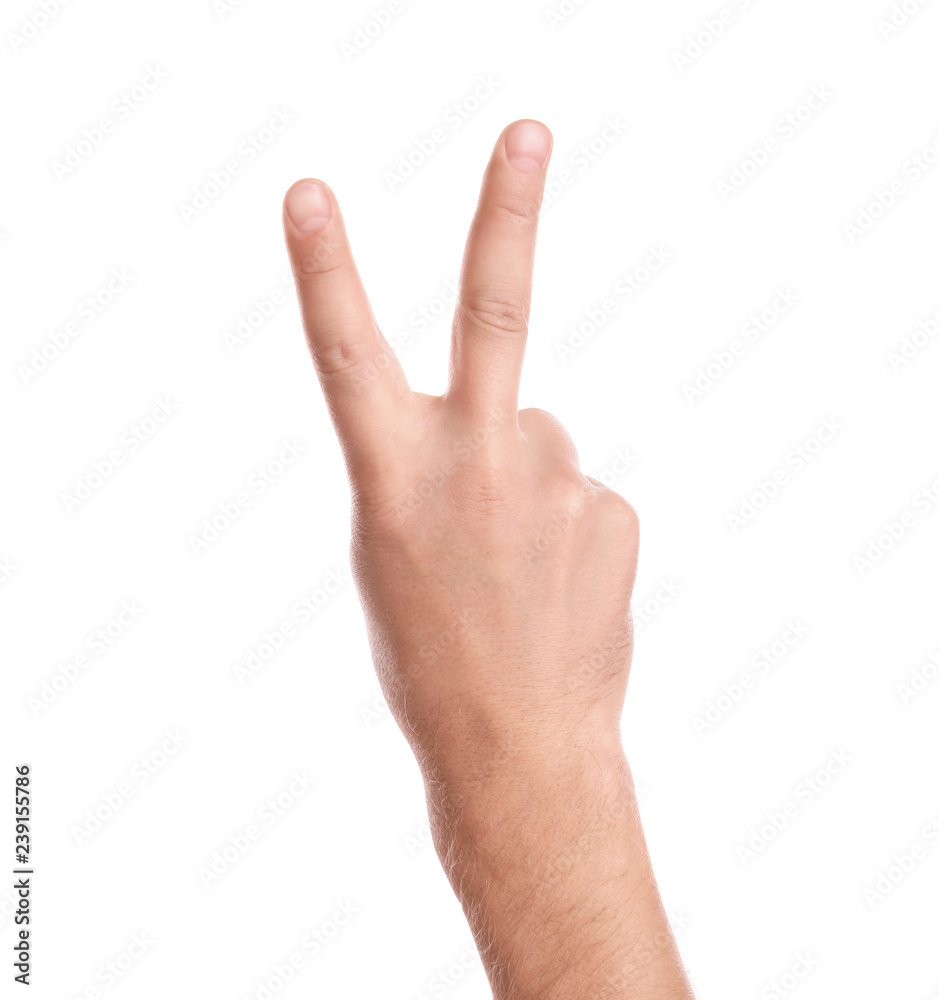 Man showing two fingers on white background, closeup of hand Man showing two fingers on white background, closeup of hand