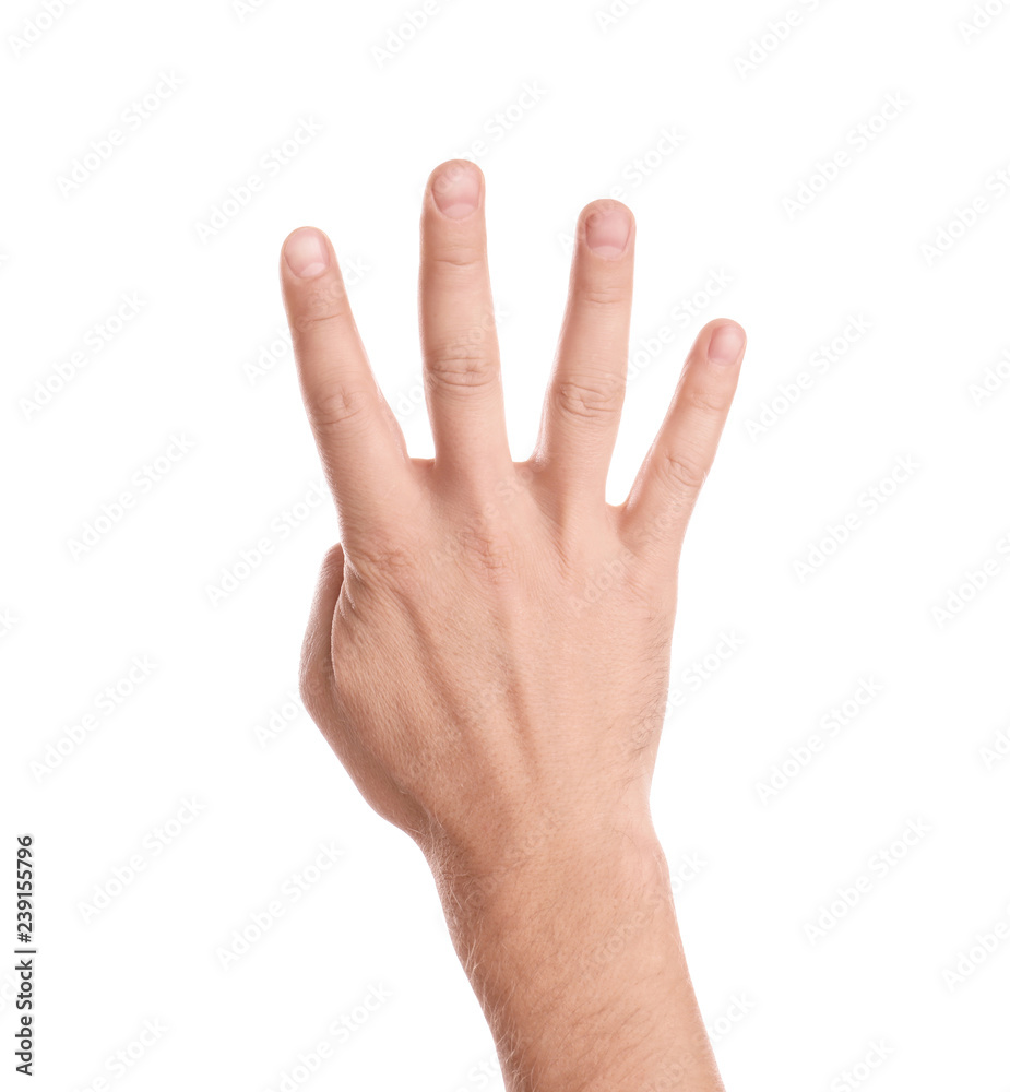 Man showing four fingers on white background, closeup of hand Man showing four fingers on white background, closeup of hand