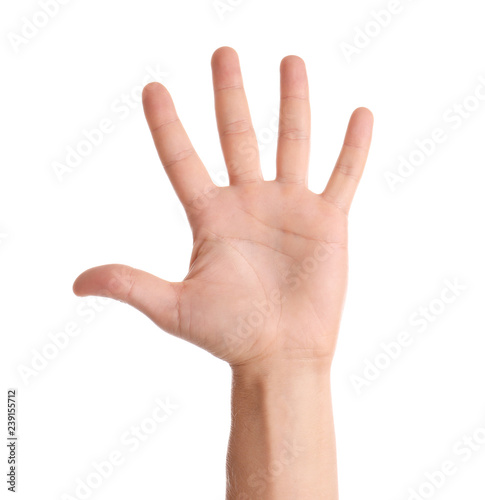 Man showing hand on white background, closeup