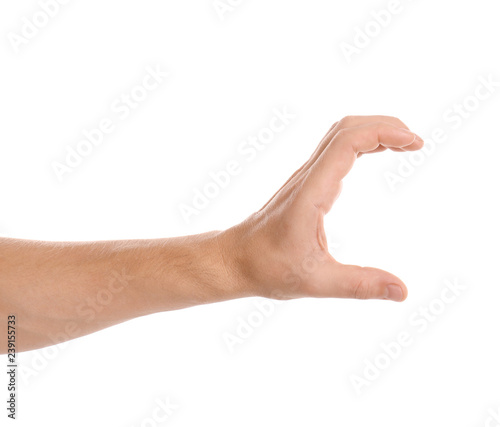 Man holding something in hand on white background, closeup