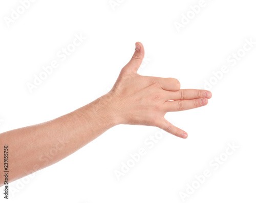 Man showing gesture for shadow play on white background, closeup of hand