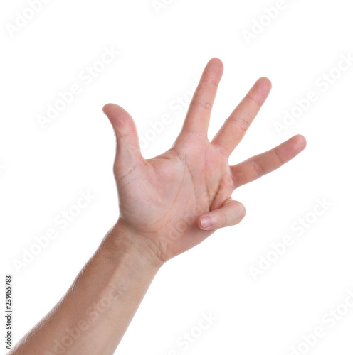 Man showing hand on white background, closeup
