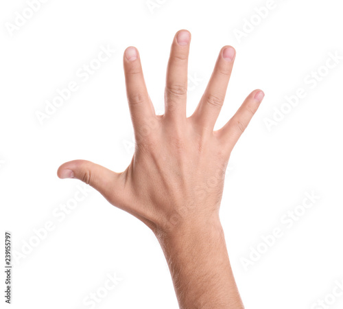 Man showing hand on white background, closeup